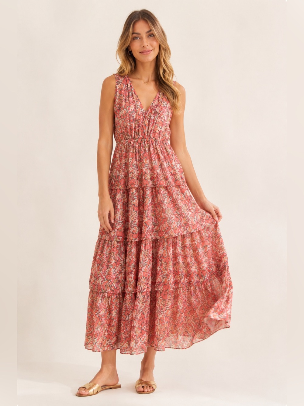 Floral Sleeveless Tiered Maxi Dress Women's Small Multicolor Boho Lightweight